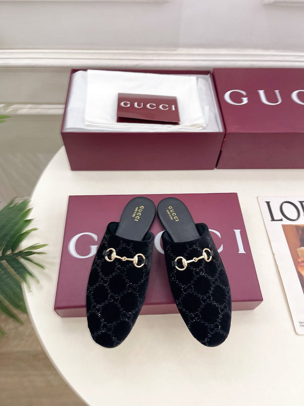 GG 26 Horsebit Flat Mules Rhinestones Black Velvet 587080