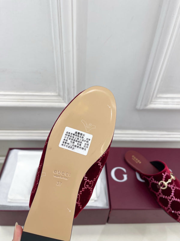 GG 26 Horsebit Flat Mules Rhinestones Red Velvet 587081