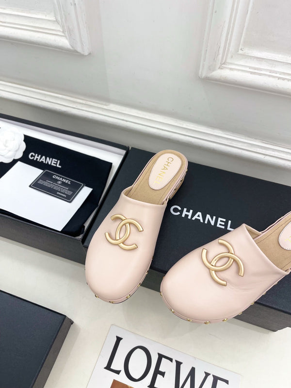 CC 26s Wood Platform Slip-on 3.5cm Light Pink Leather 891748