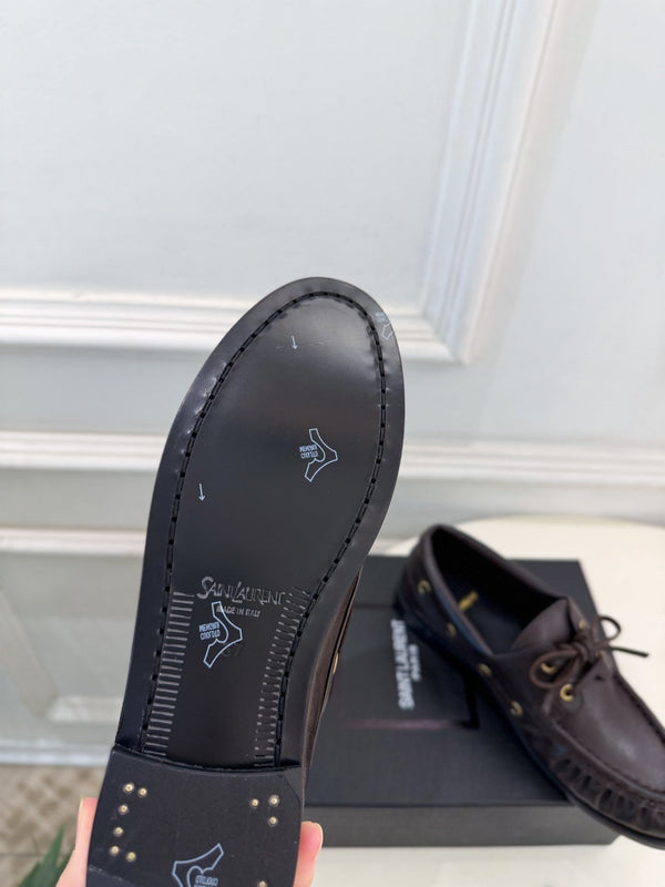 YSL Le Loafer Bateau Boat Shoes Dark Brown Smooth Leather 112332