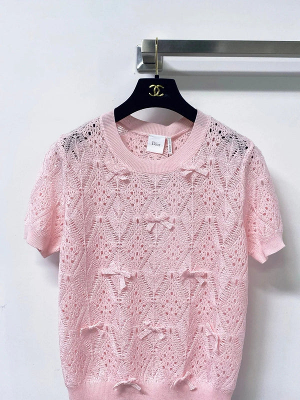 CD 2026 Openwork Lace Knit Short-Sleeve Top Bow Details 479896