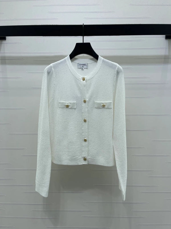 Chanel 2026 Sequined Crew Neck Knit Cardigan Silk Wool