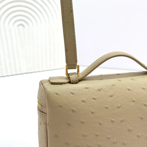 LP Extra Bag 19cm Ostrich Pattern Beige Gold Buckle Calfskin