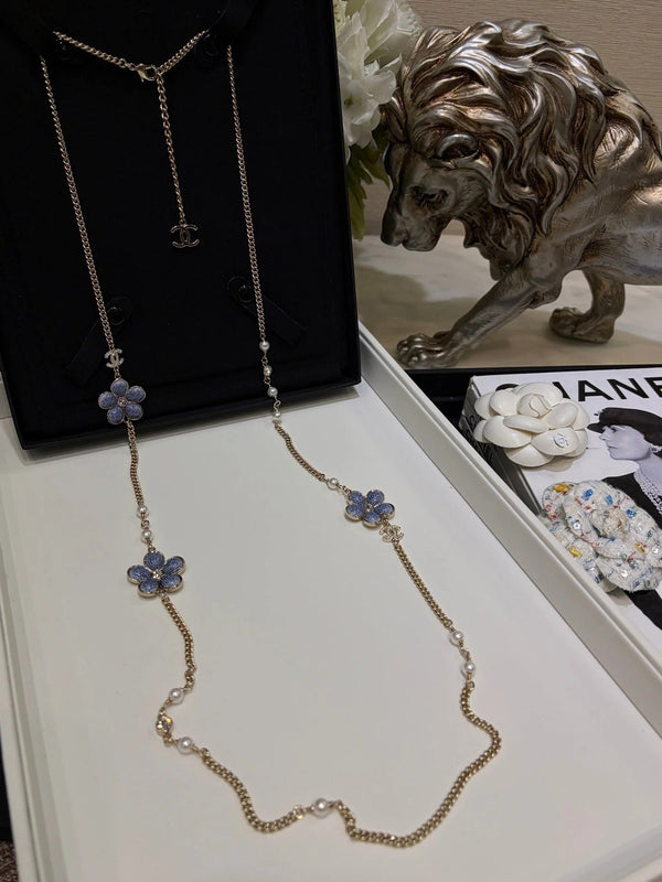 CC 2026 Gold Double C Denim Flower Enamel Necklace