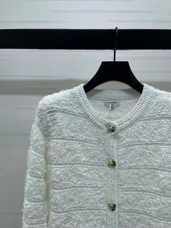 Chanel 2026 Striped Sequined Long-Sleeve Cardigan White Wool