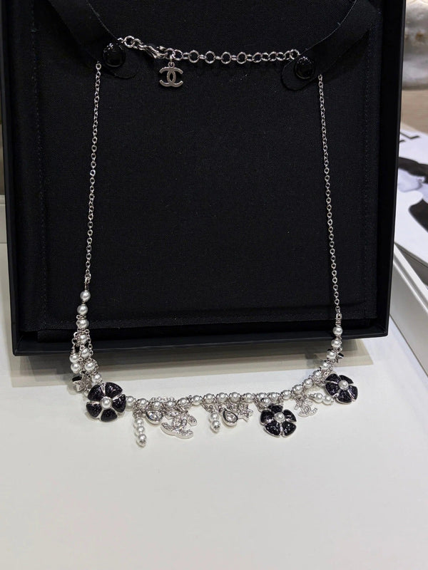 CC 2026 Silver Double C Black Flower Pearl Tassel Necklace