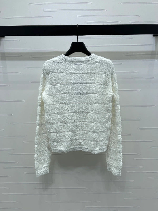 Chanel 2026 Striped Sequined Long-Sleeve Cardigan White Wool