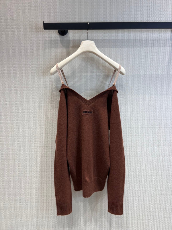 Miumiu 2026 Off-Shoulder Camisole Cardigan Caramel Cashmere 356940