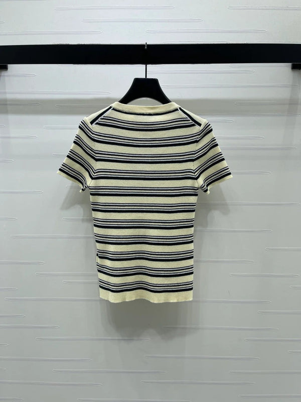 Miumiu 2026 Striped Knit Short-sleeved Top Cream and Black Wool Tencel 356453