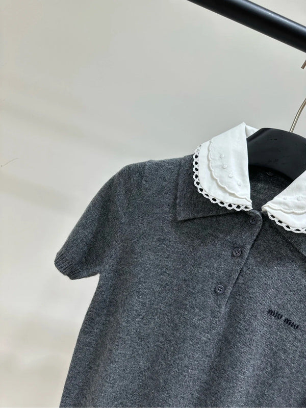 Miumiu 2026 Lace Peter Pan Collar Polo Knit Short-Sleeve T-Shirt Grey Cashmere