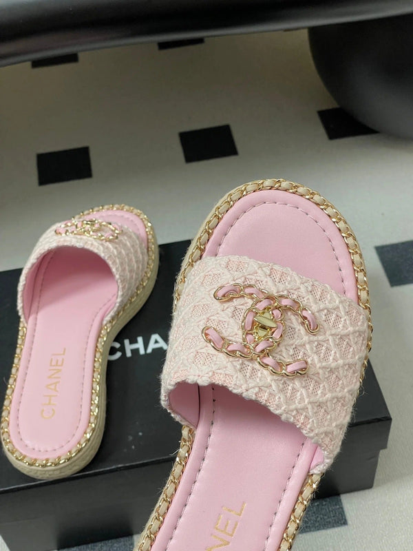 CC 26s Flat Slippers Pink Gold Fabric Sheepskin 649485