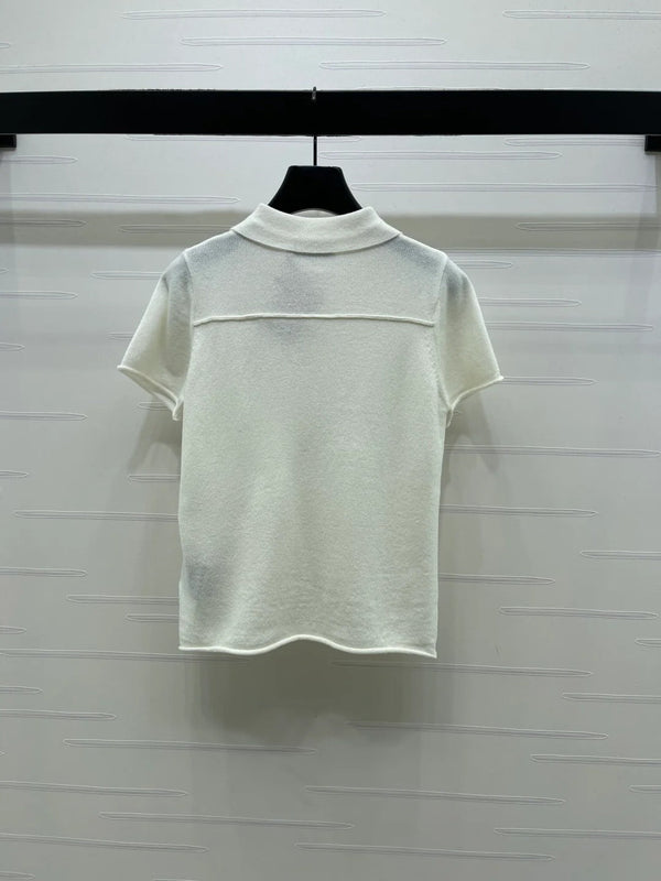 Miumiu 2026 Collared Knit Short-sleeved Sweater Cream and Gray Cashmere