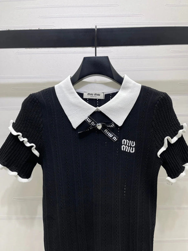 Miu 2026 Knitted Polo Shirt With Black Bow Wool Cashmere 414394