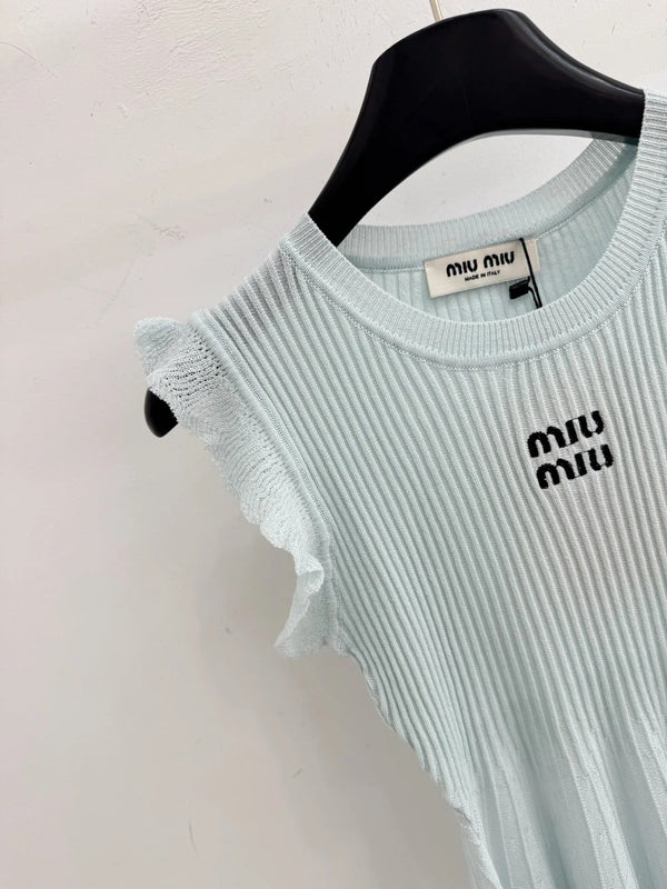 Miu 2026 Ruffled Sleeveless Knitwear Light Blue Cotton 516685
