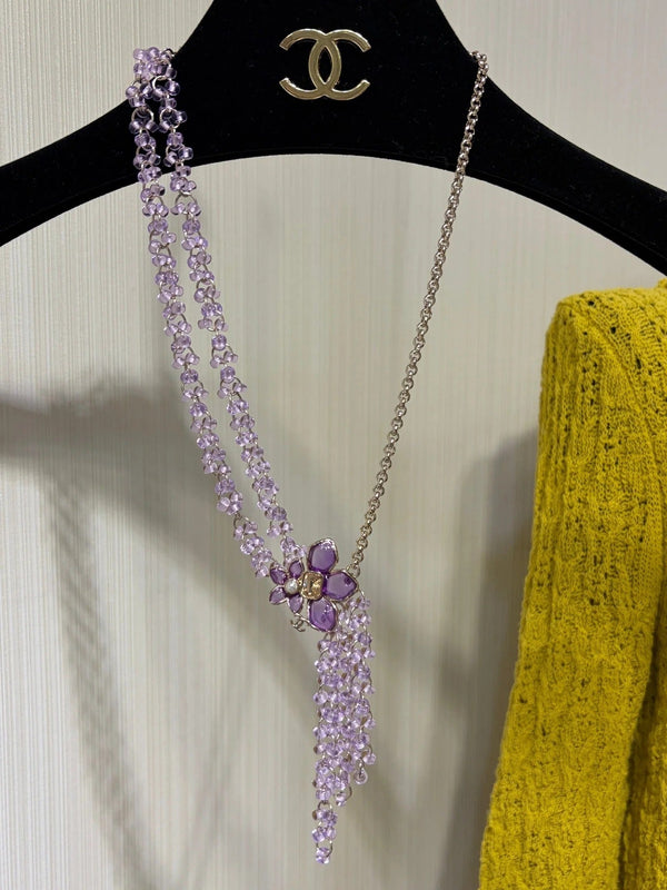 CC 2026 Double C Light Purple Beaded Asymmetrical Flower Necklace