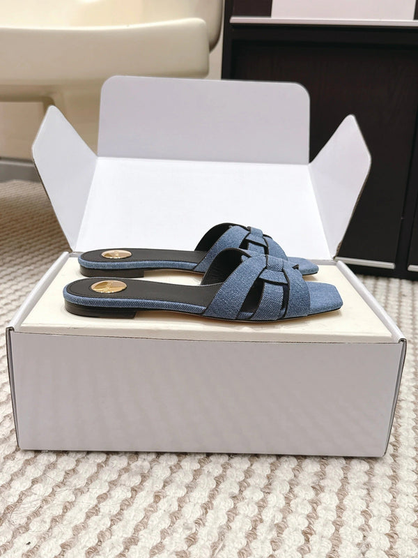 YSL 26ss Flat Slippers Blue Denim Leather 654727