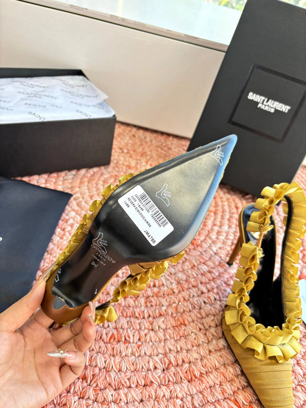 YSL 26ss Slingback Shiny Gold Silk Leather 648839