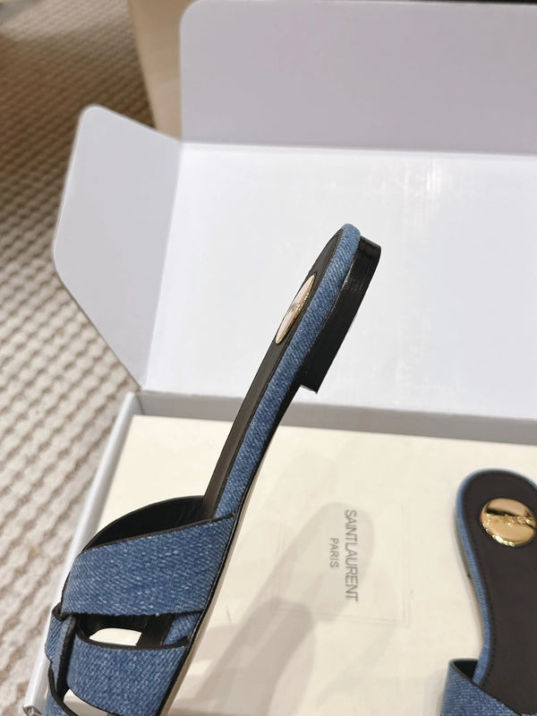 YSL 26ss Flat Slippers Blue Denim Leather 654727