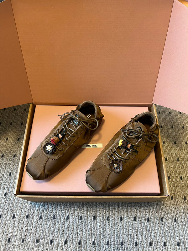 Miu Miu 2026 Plume Sneaker With Floral Charm Brown Satin 621344