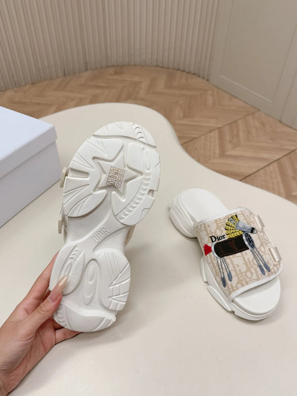 CD 26s Platform Slippers 35 Beige White Canvas Lambskin 643812