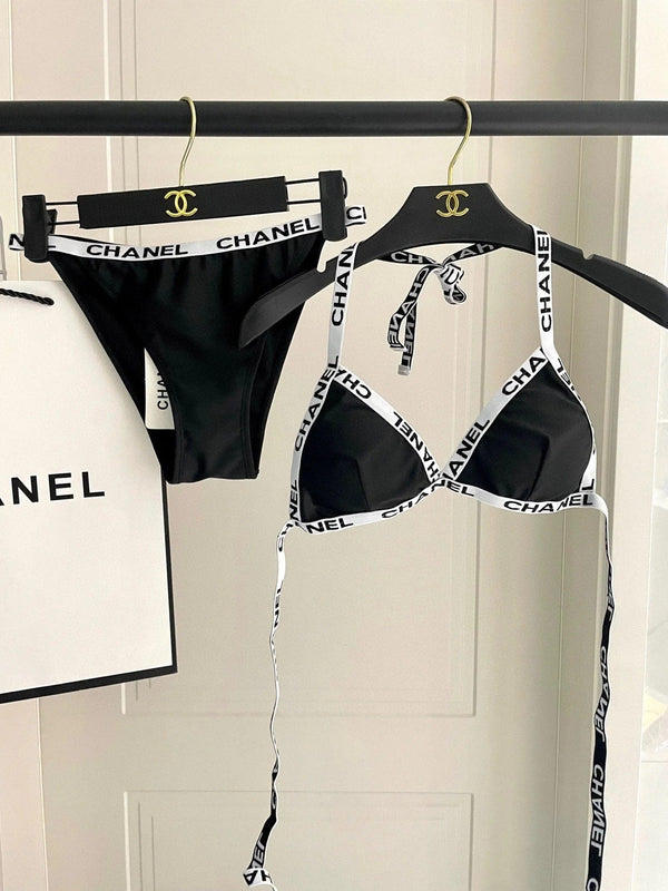 CC BIKINI SWIMSUIT SET IN BLACK WITH WHITE TRIM 627832