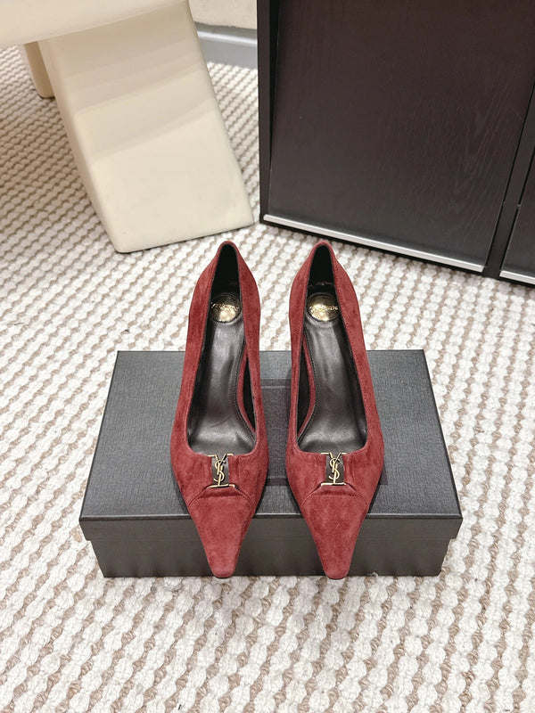 YSL 26ss High Heel Pumps 75 Burgundy Suede 654699