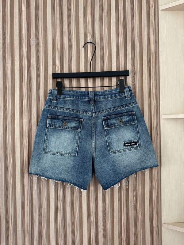 Miu 2026 Retro Cargo Denim Shorts Blue Cotton 443831