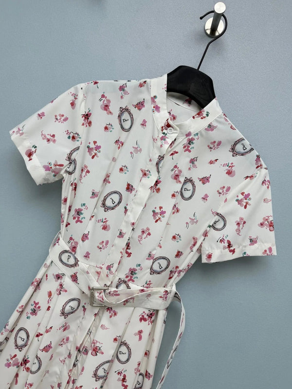 CD 2026 Floral Stand Collar Slim Waist Shirt Dress Polyester 392333