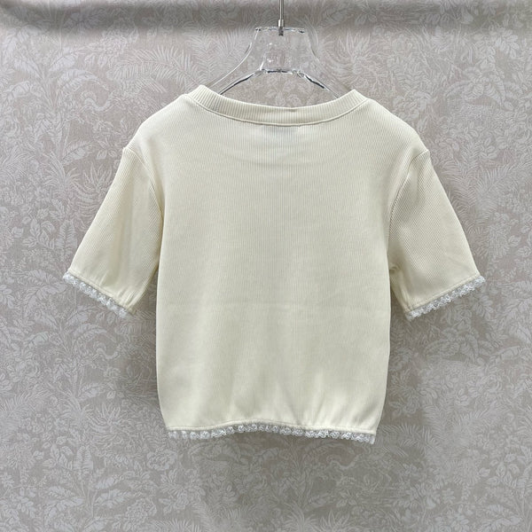 MIUMIU TEXTURED SHORT-SLEEVE LACE TOP 275100