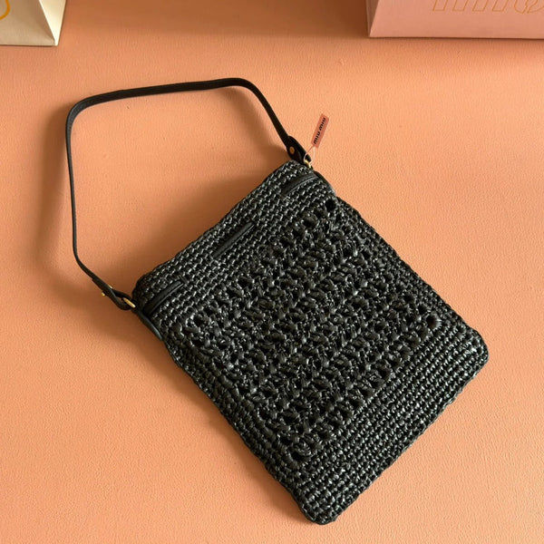 WANDER BUCKET BAG 23 BLACK IN RAFFIA WITH LEATHER TRIM