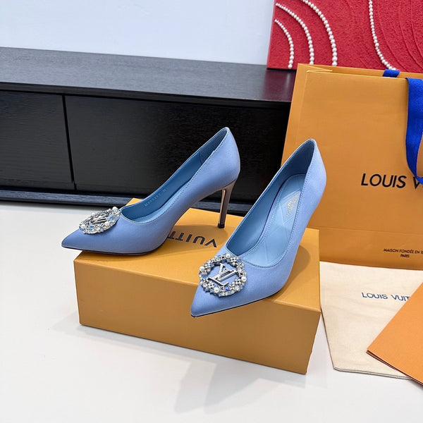 LV 26s Pointed-Toe High Heels 95 Light Blue Premium Satin 622434