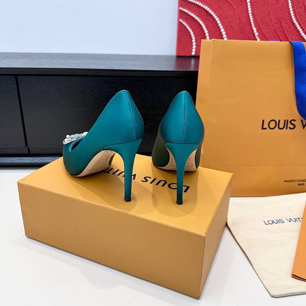 LV 26s Pointed-Toe High Heels 95 Teal Blue Premium Satin 622439
