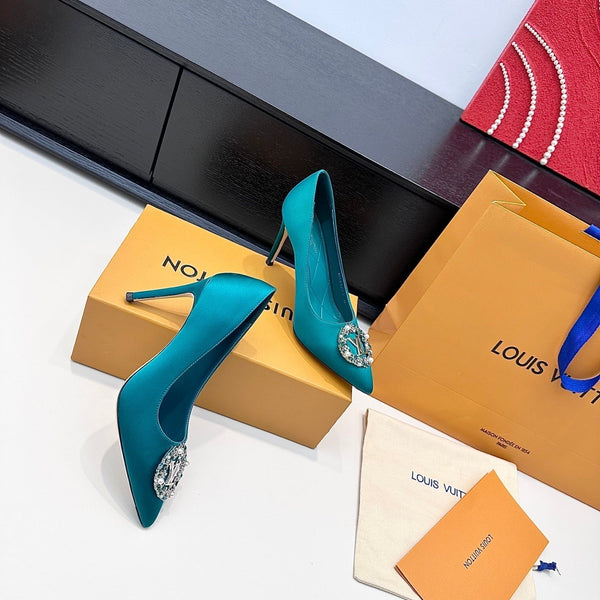 LV 26s Pointed-Toe High Heels 95 Teal Blue Premium Satin 622439