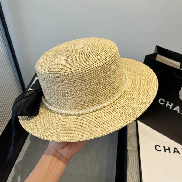 FLAT STRAW HAT WITH BOW BLACK 673921