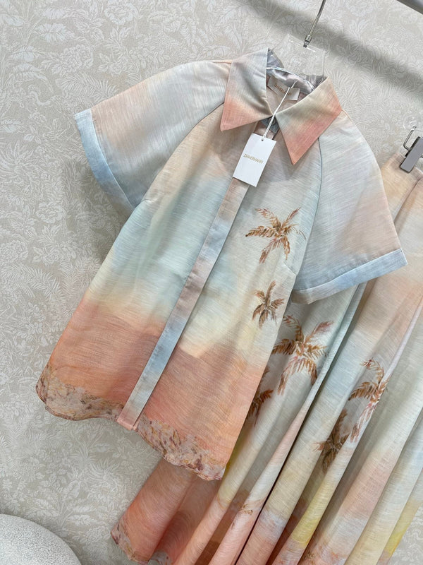 ZIMMERMANN SHORT-SLEEVE SHIRT AND HIGH-WAIST MAXI SKIRT SET 275079