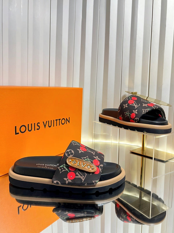 LV 26s Slippers Black Red Fabric Sheepskin 616350