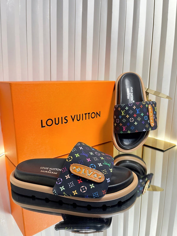 LV 26s Slippers Black Multicolor Fabric Sheepskin 616354