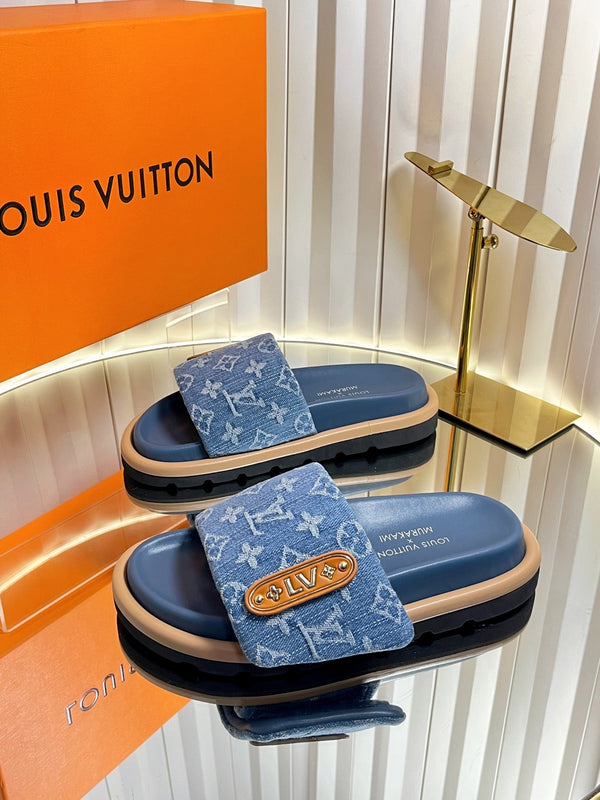 LV 26s Slippers Blue Denim Sheepskin 616357