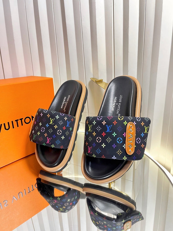 LV 26s Slippers Black Multicolor Fabric Sheepskin 616354
