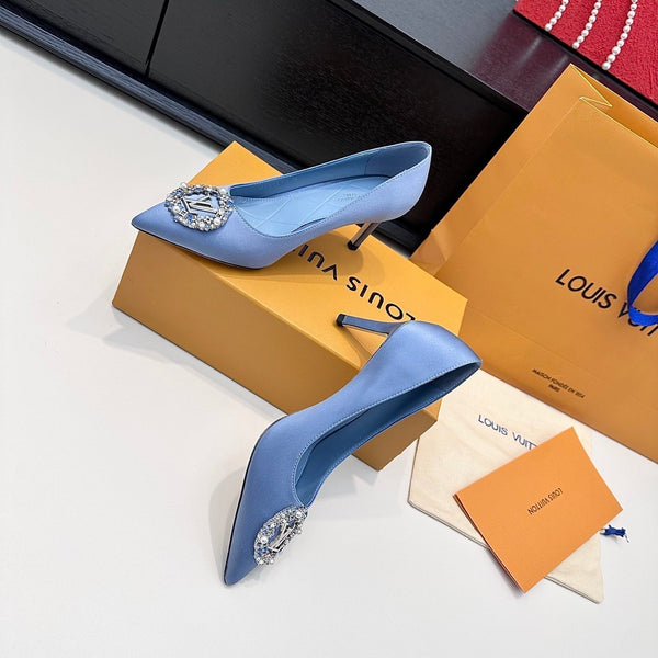 LV 26s Pointed-Toe High Heels 75 Light Blue Premium Satin 622433