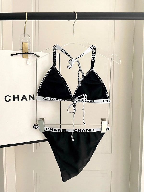 CC BIKINI SWIMSUIT SET IN BLACK WITH WHITE TRIM 627832