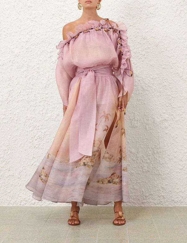 ZIMMER SILK MIDI DRESS IN PASTEL BLUE-GREEN AND LIGHT PURPLE