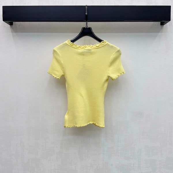 Miu 2026 Ruffled Short-Sleeve Knit Top Yellow Wool 447791