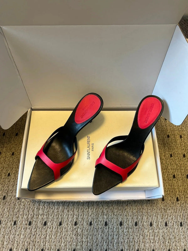 YSL 26ss High Heeled Mules 75 Black Dark Pink Cowhide 651768