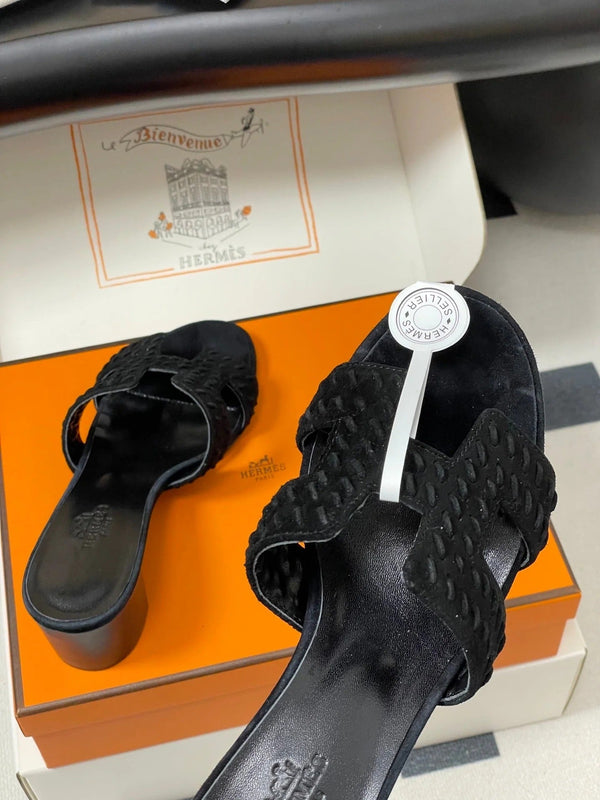 HM 25S ORAN HIGH‑HEEL SANDAL IN BLACK SUEDE AND LAMBSKIN
