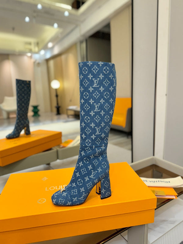 LV High Boots 85 Monogram Blue Denim 573735