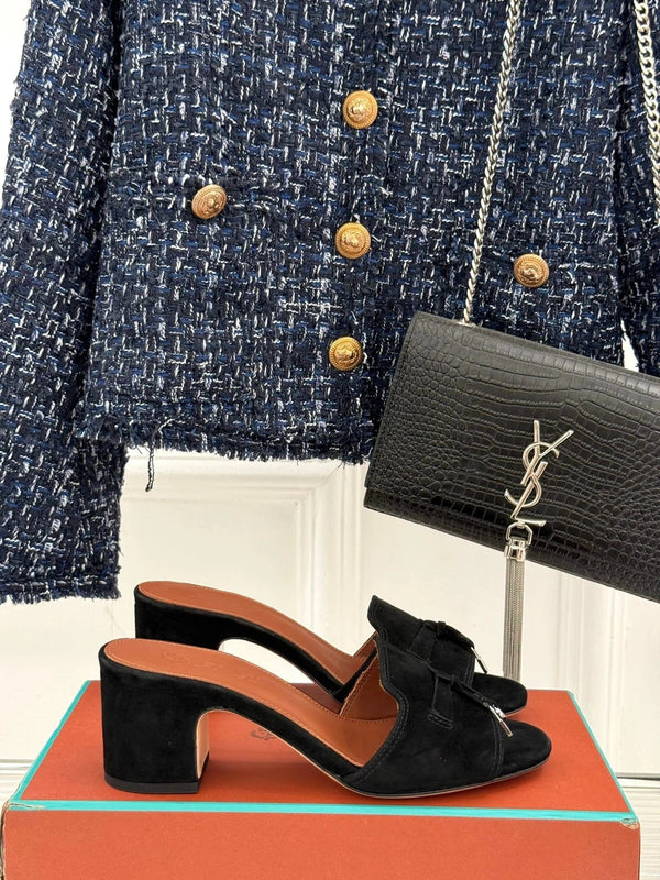 HIGH HEELS IN BLACK SUEDE AND LAMBSKIN