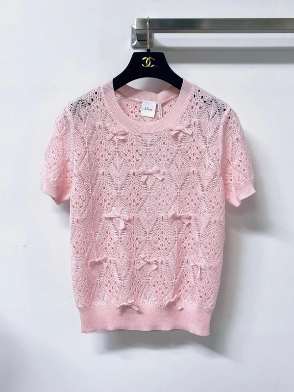 CD 2026 Openwork Lace Knit Short-Sleeve Top Bow Details 479896
