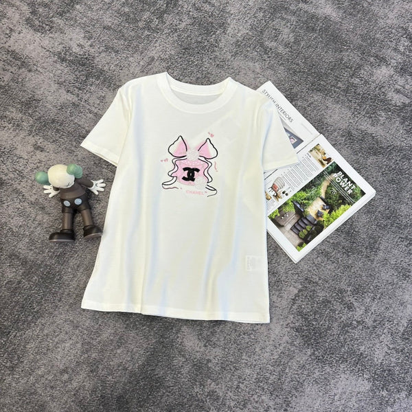Chanel 2026 Pink Bow T-shirt White Black Cotton 359123