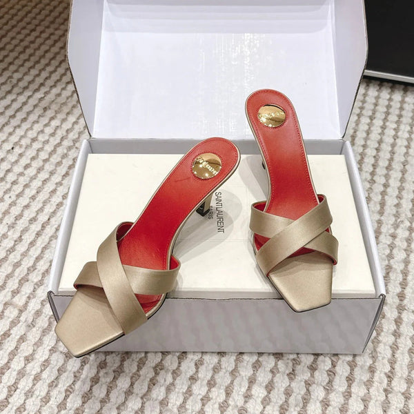 YSL 26ss High-Heeled Mules 75 Satin Leather